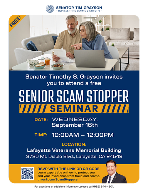 Flyer for the Senior Scam Stopper Seminar showing an elderly couple in front of a computer and looking at a document.