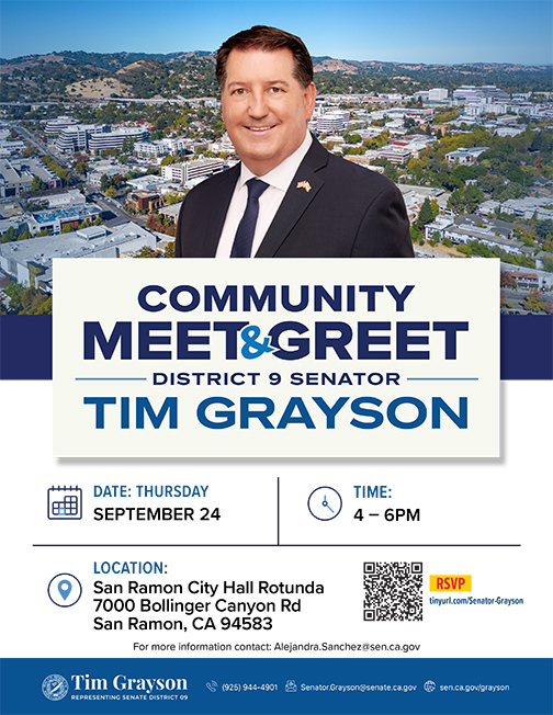 Flyer for the Community Meet & Greet with Senator Grayson's headshot